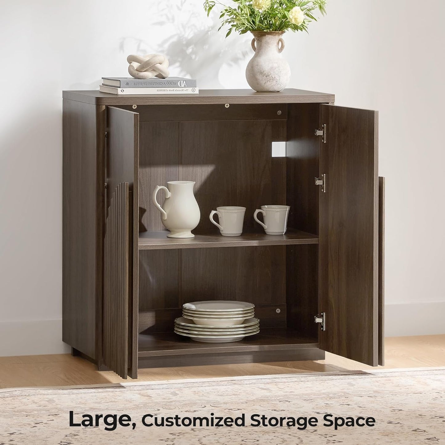 NEW Walnut Sideboard Buffet Cabinet With Generous Storage And Wave Pattern Doors