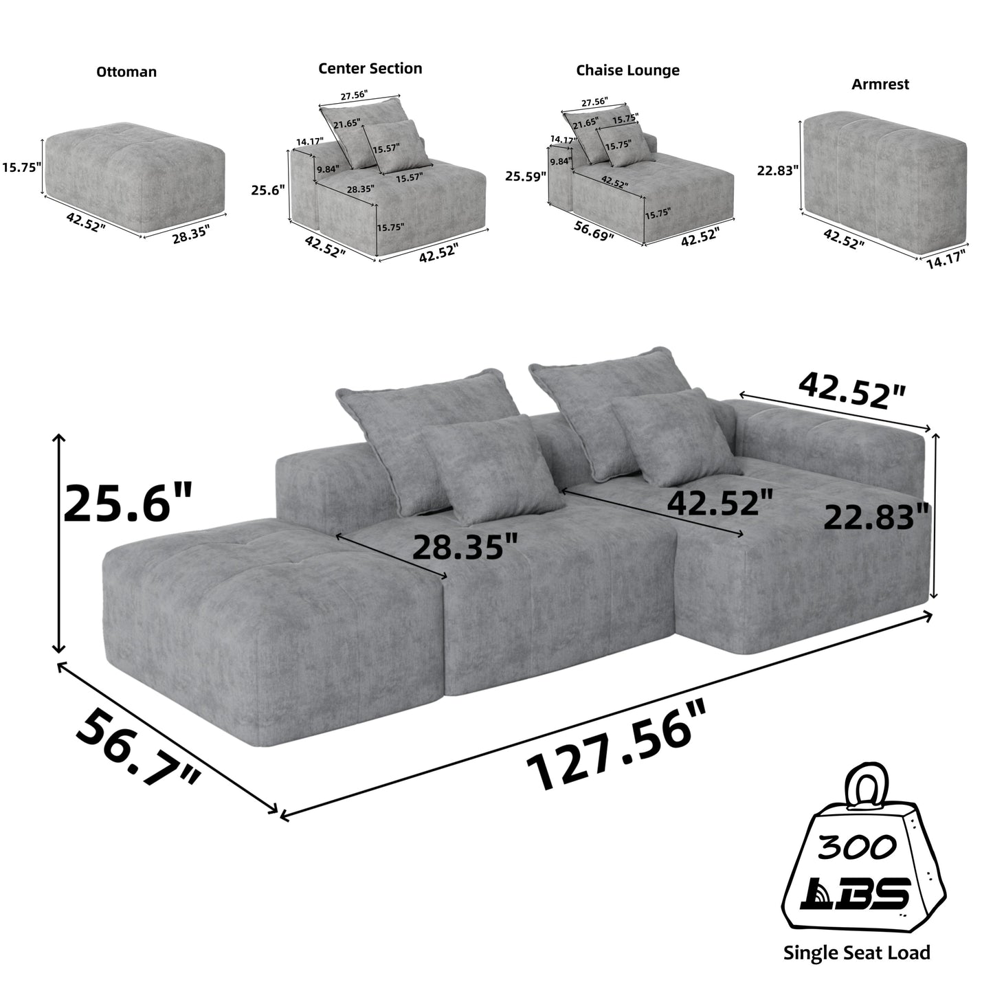 NEW Modern Oversized Modular Sectional Sofa with Ottoman, Seat, Chaise lounge and Armrest, Sparkling Chenille Fabric Soft Cushion Sofa with 4 Pillows,4 PCS DIY Combination Tufted Sofa,No Assembly Required