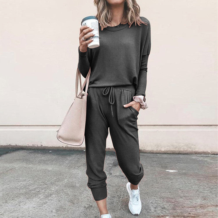 New Women's Long Sleeve Suit Fashion Pullover Top And Pockets Drawstring Long Pants Solid Color Casual Sports Trouser Suit Clothing