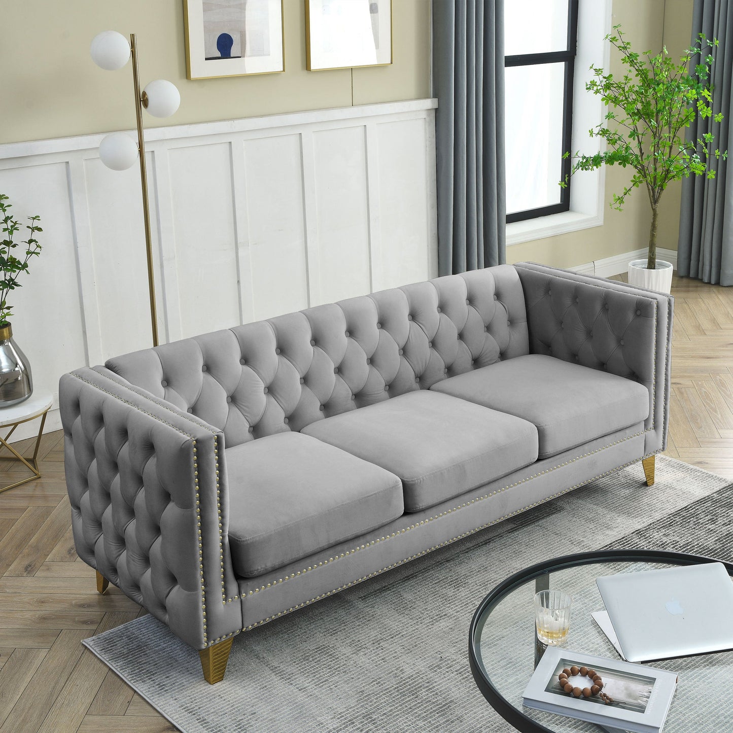 NEW Velvet Sofa for Living Room, Buttons Tufted Square Arm Couch, Modern Couch Upholstered Button and Metal Legs, Sofa Couch for Bedroom, Grey Velvet .2PCS