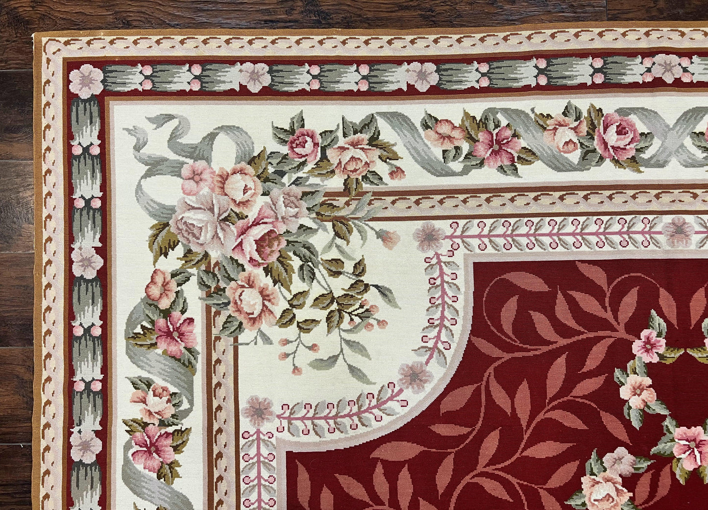 USED Wonderful Aubusson Rug 9x12, Handmade Vintage Needlepoint Carpet, Red and Ivory, Elegant European Design, Wool