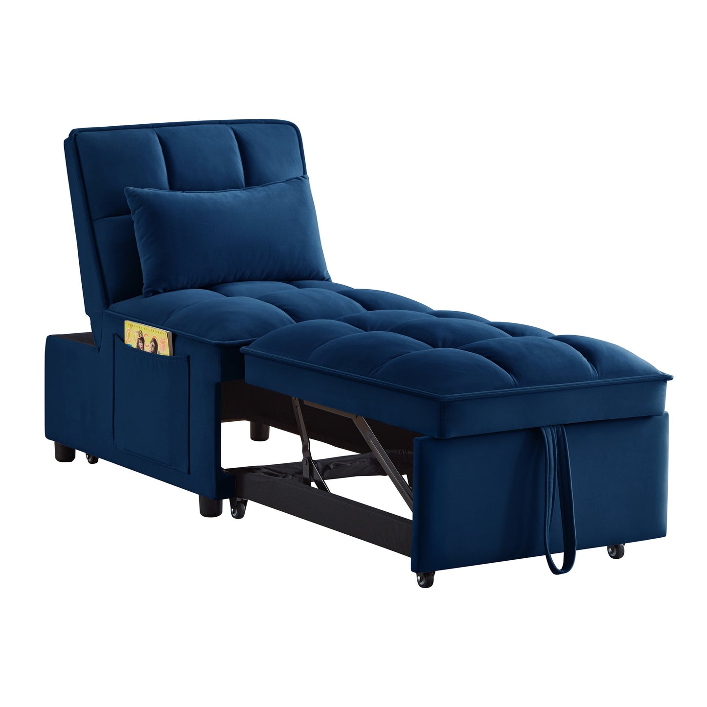NEW 4 in1 Multi-Function Single Sofa Bed with Storage Pockets,Tufted Single Pull-out Sofa Bed with Adjustable Backrest and Pillows ,Convertible  Chaise Lounge, Navy