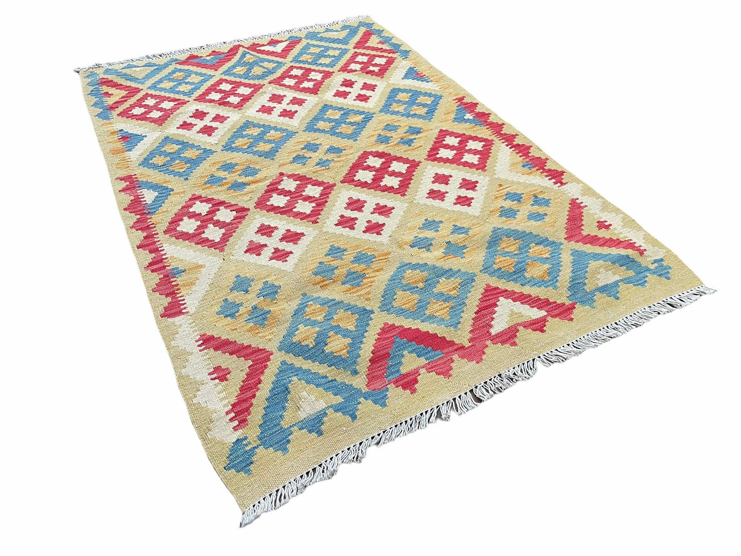 USED 3x5 Kilim Rug Multicolor Tribal Kilim Rug 3 x 5 Tan Light Blue Red Beige New Turkish Anatolian Wool Kilim Flatweave Rug
