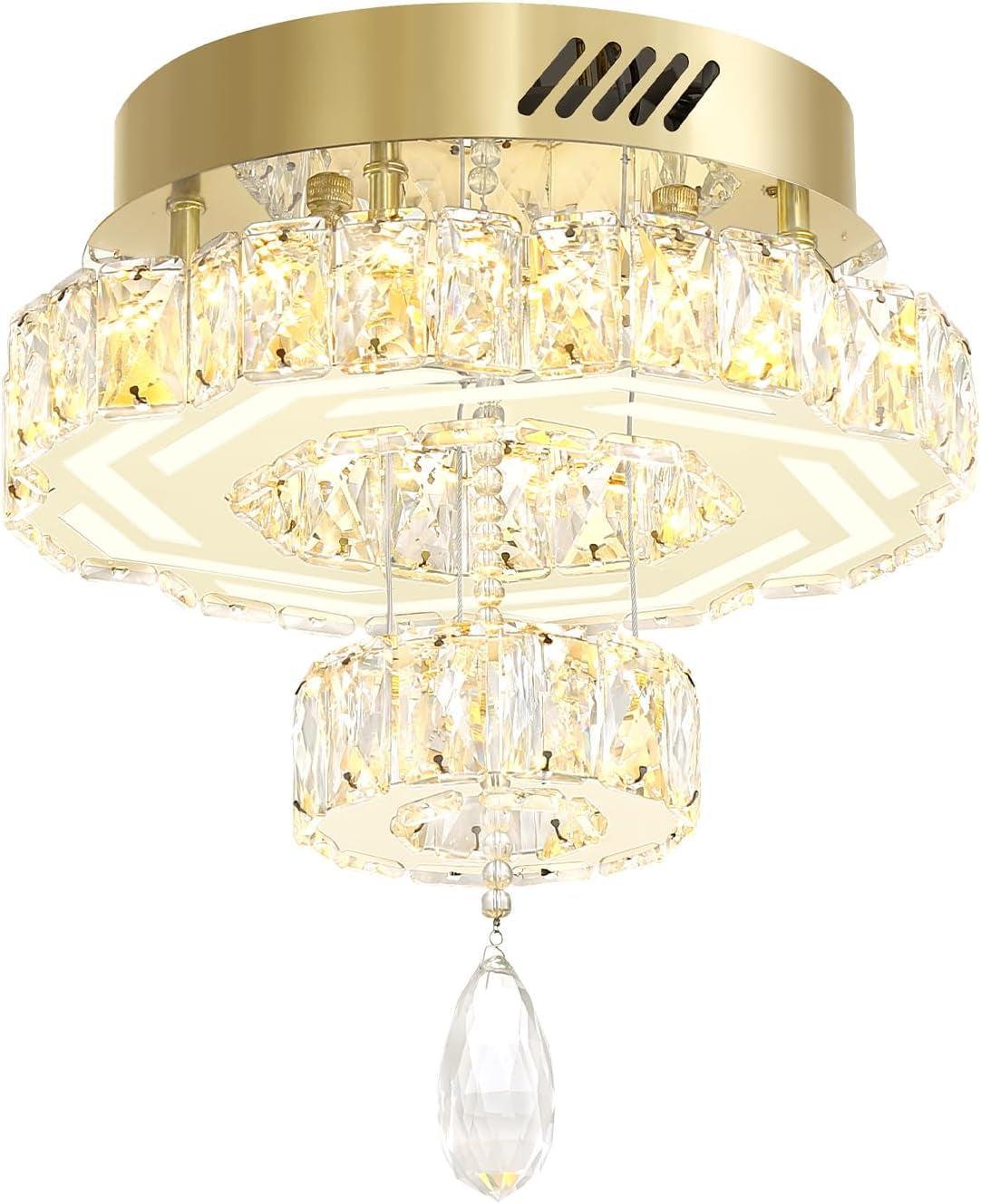 NEW Gold Crystal Chandelier 12 Inch Dimmable Flush Mount