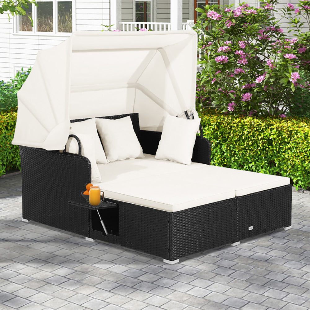 NEW Outdoor Patio Rattan Wicker Daybed With Retractable Canopy And Side Tables