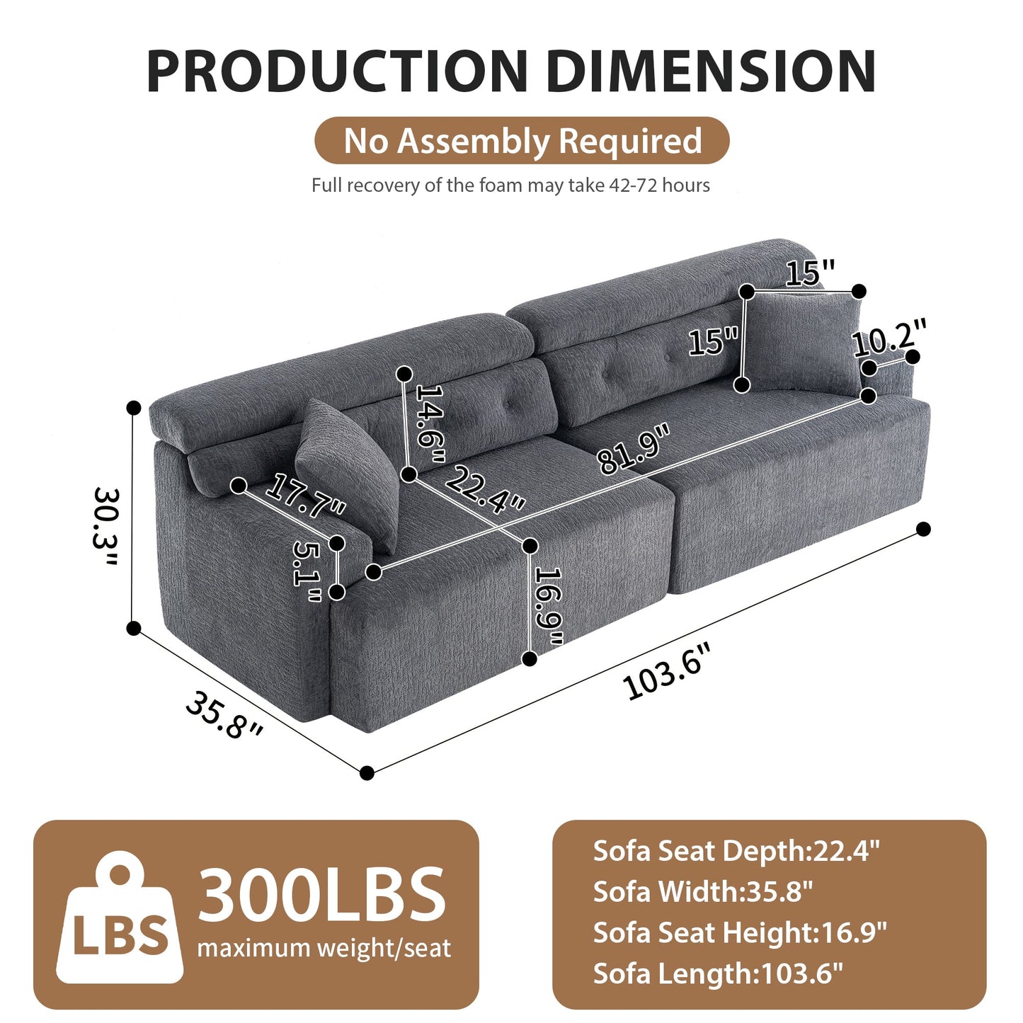 NEW LY-029 Gray 4-Seater Wood Grain Chenille Fabric Full Sponge Compression Sofa with 2 Pillows