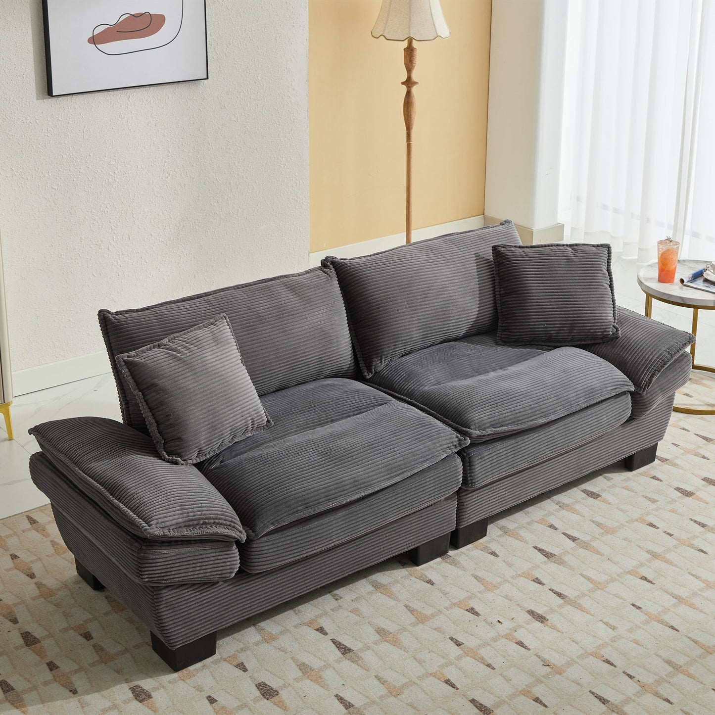 NEW Comfy Grey Upholstered Deep Seat Corduroy Sofa Sleeper Couch Loveseat with Pillows
