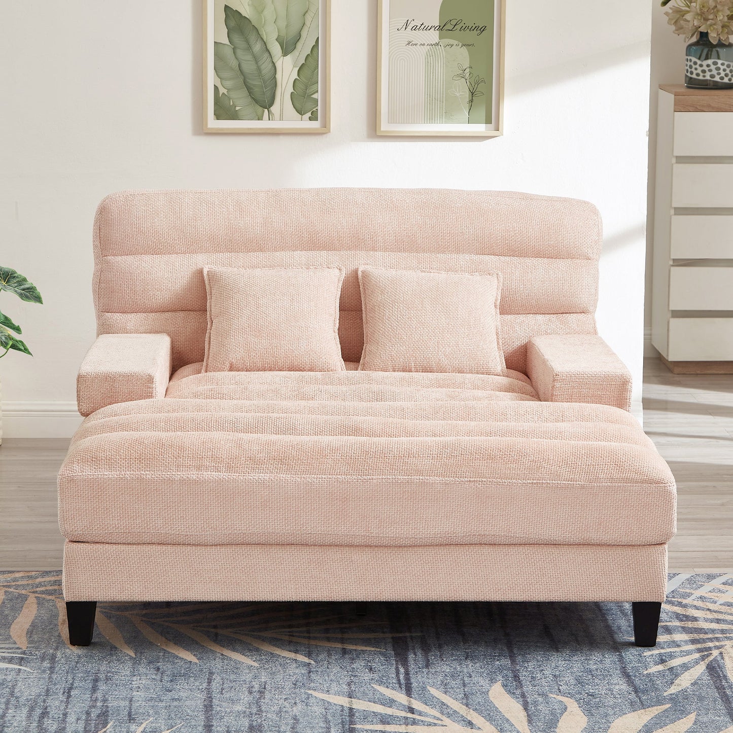 NEW Modern Pink Chenille Upholstered 57.1’ Chaise Lounge Sofa Bed with Adjustable Backrest and LED Light Strip