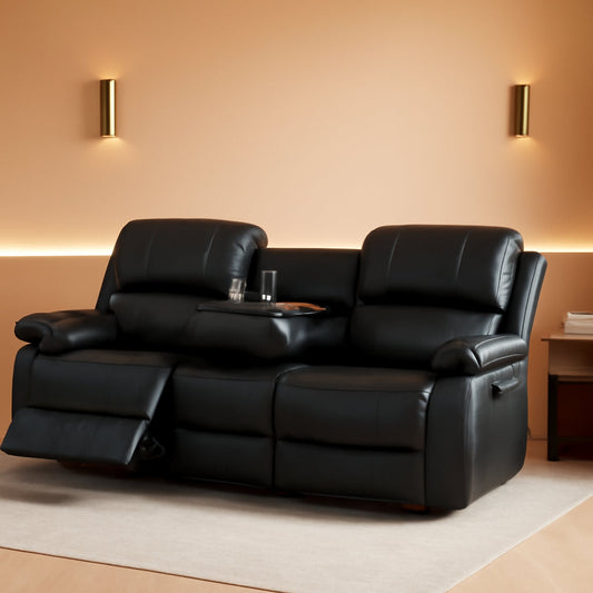 NEW Black Vegan Leather 3 Seater Recliner Sofa Cupholders