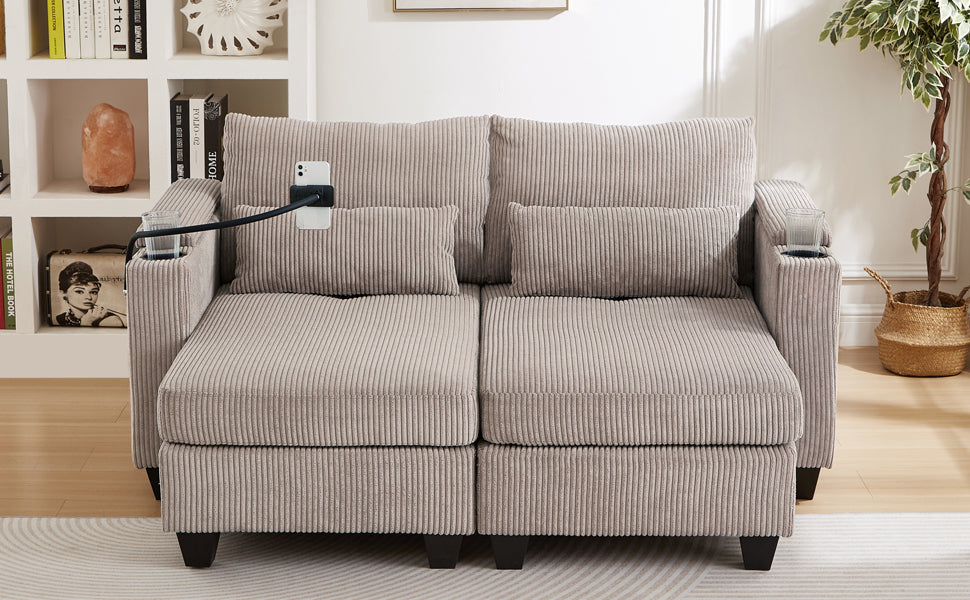 NEW Convertible Chaise Lounge 63' Loveseat Sofa Bed with USB Ports, Cup Holders, Phone Holder, Storage, Brown Corduroy
