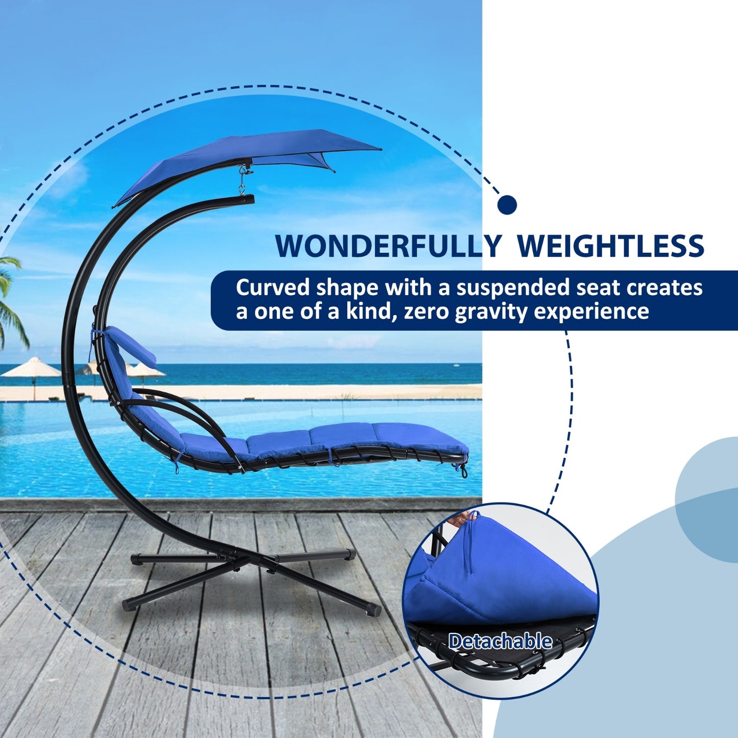NEW Navy Blue Hanging Chaise Lounger With Removable Canopy Outdoor Swing Chair With Built-in Pillow