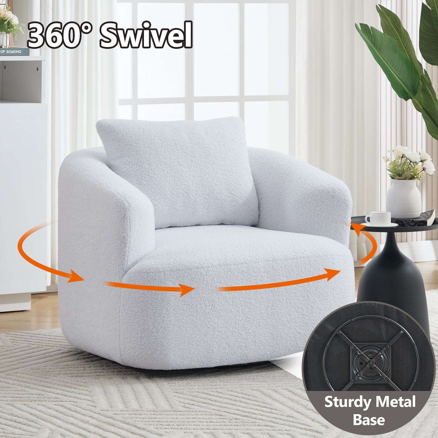 NEW White Teddy Fleece 360° Swivel Round Upholstered Comfy Chair With One Soft Pillow