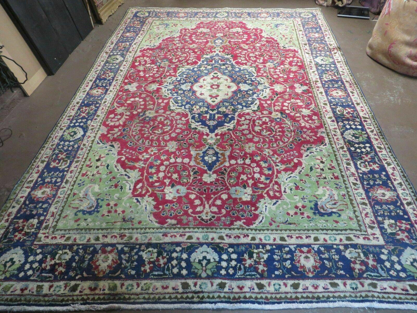USED Persian Tabriz Rug 7x10, Red Blue and Green Rug, Allover Floral Medallion Rug, Hand Knotted Rug, Antique Rug 7 x 10 Vintage Wool Oriental Carpet
