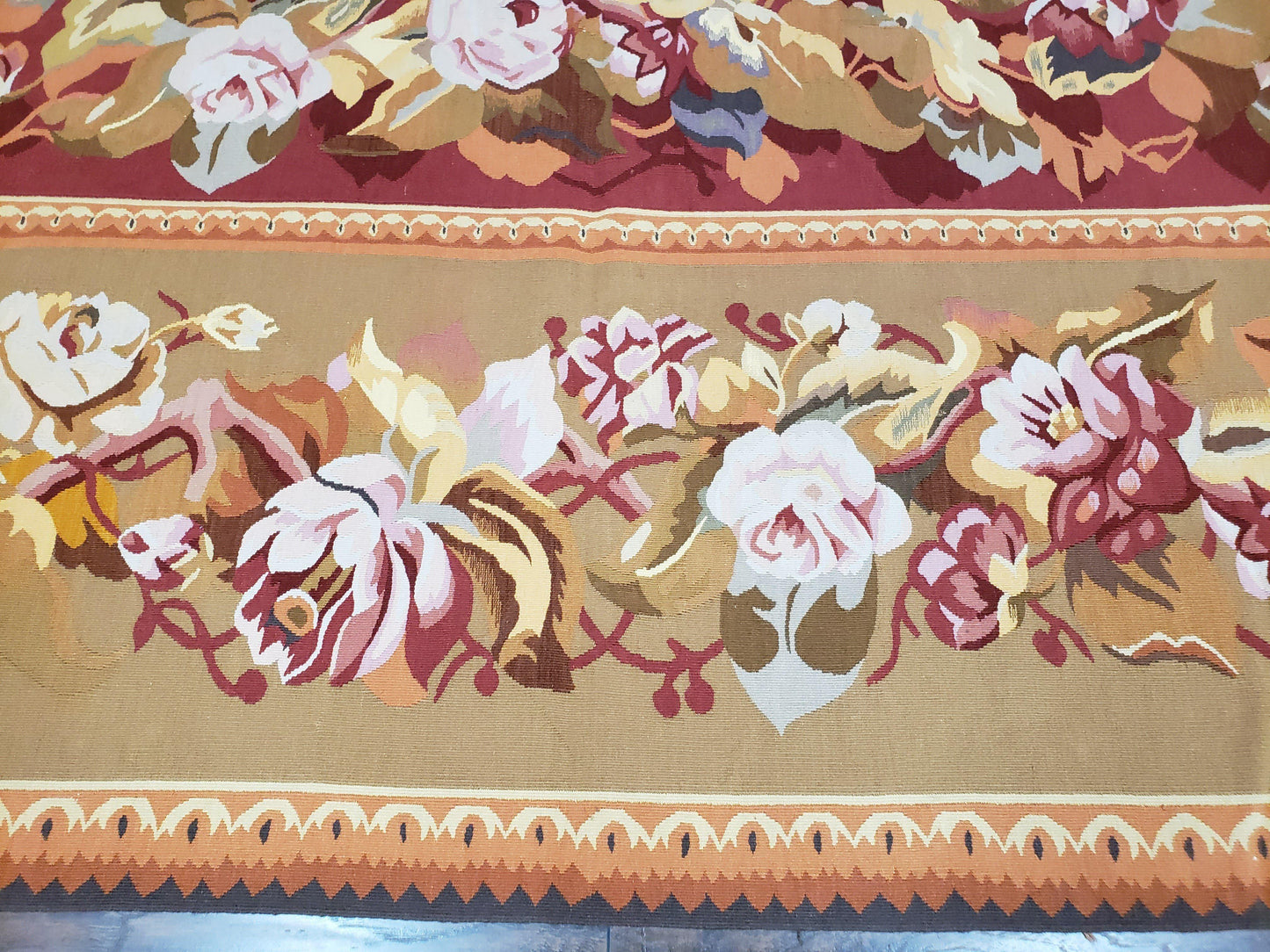 USED Vintage Chinese Aubusson Savonnerie Flat Pile Rug 9.9 x 14.5 Wool Handwoven Red & Khaki Large Flowers Rug 9x14 - 10x15 Michaelian Kolhberg