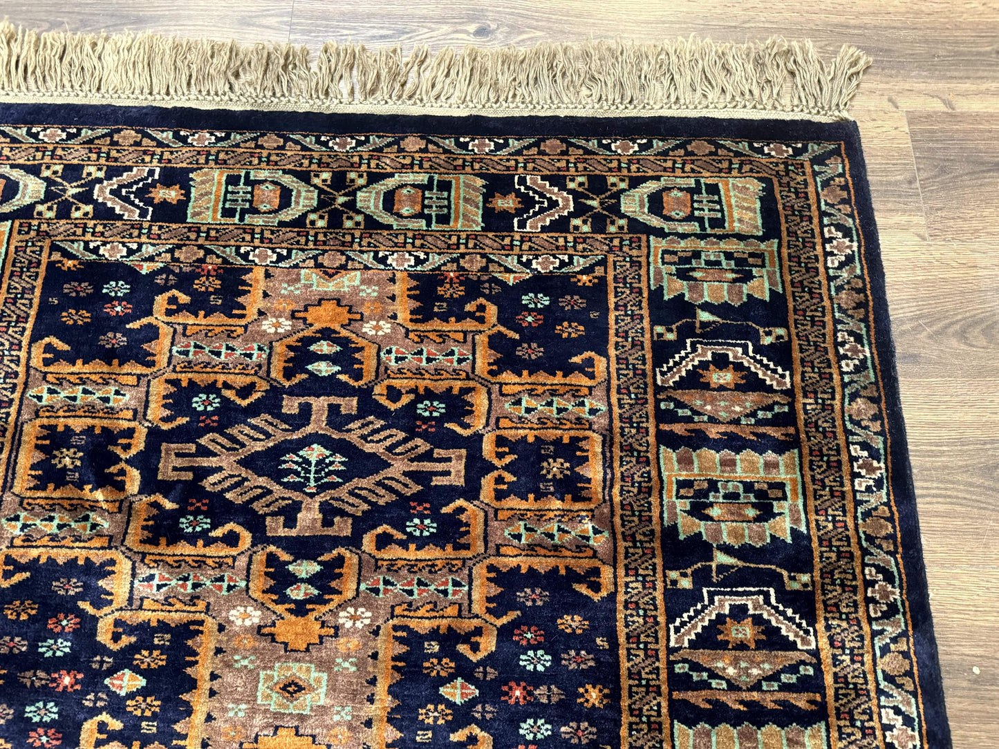 USED Vintage Afghan Rug 4x6, Navy Blue and Light Brown, Geometric Medallions, Wool on Wool, Tribal Rug