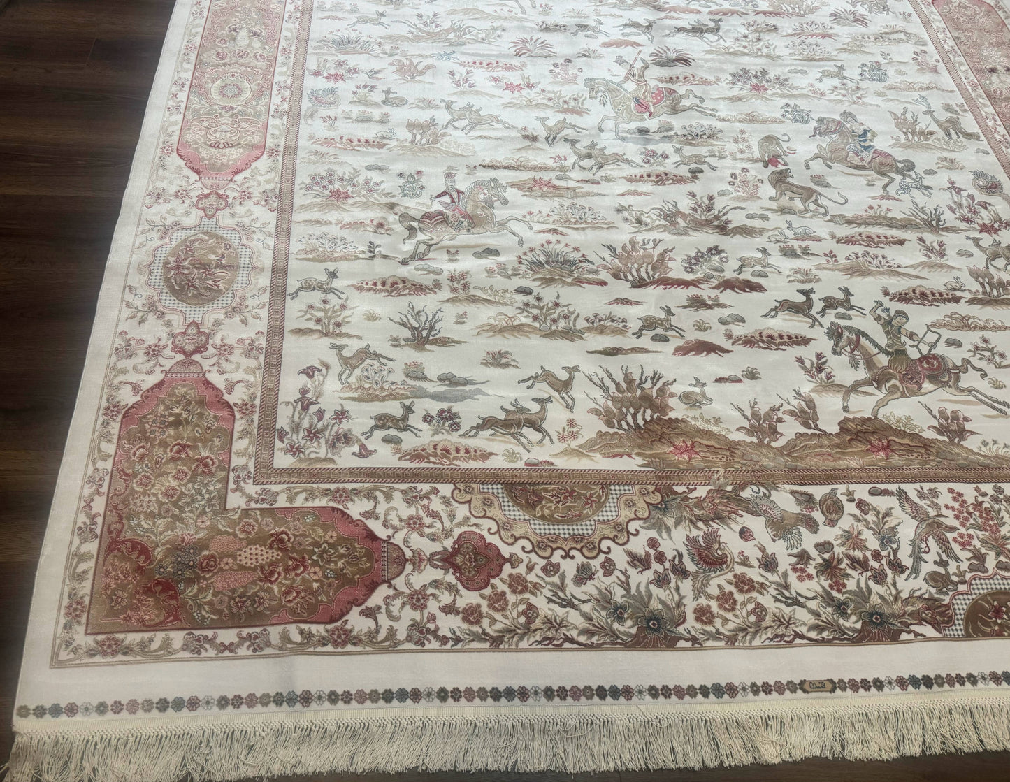 USED Large Turkish Silk Rug 8x10, Ivory, Hunting Design, Bamboo Silk, New