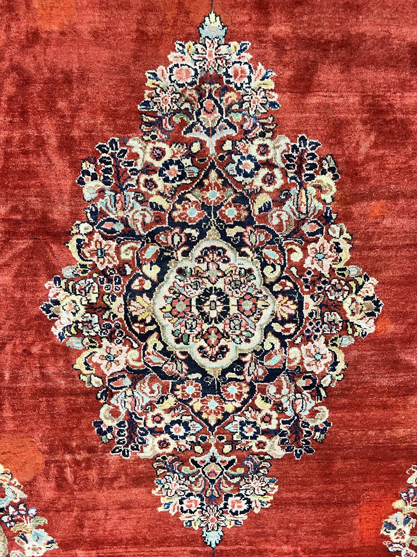 USED Persian Sarouk Rug 11x14, Semi Open Field, Large Antique Persian Wool Handmade Carpet, Red and Dark Blue, Floral