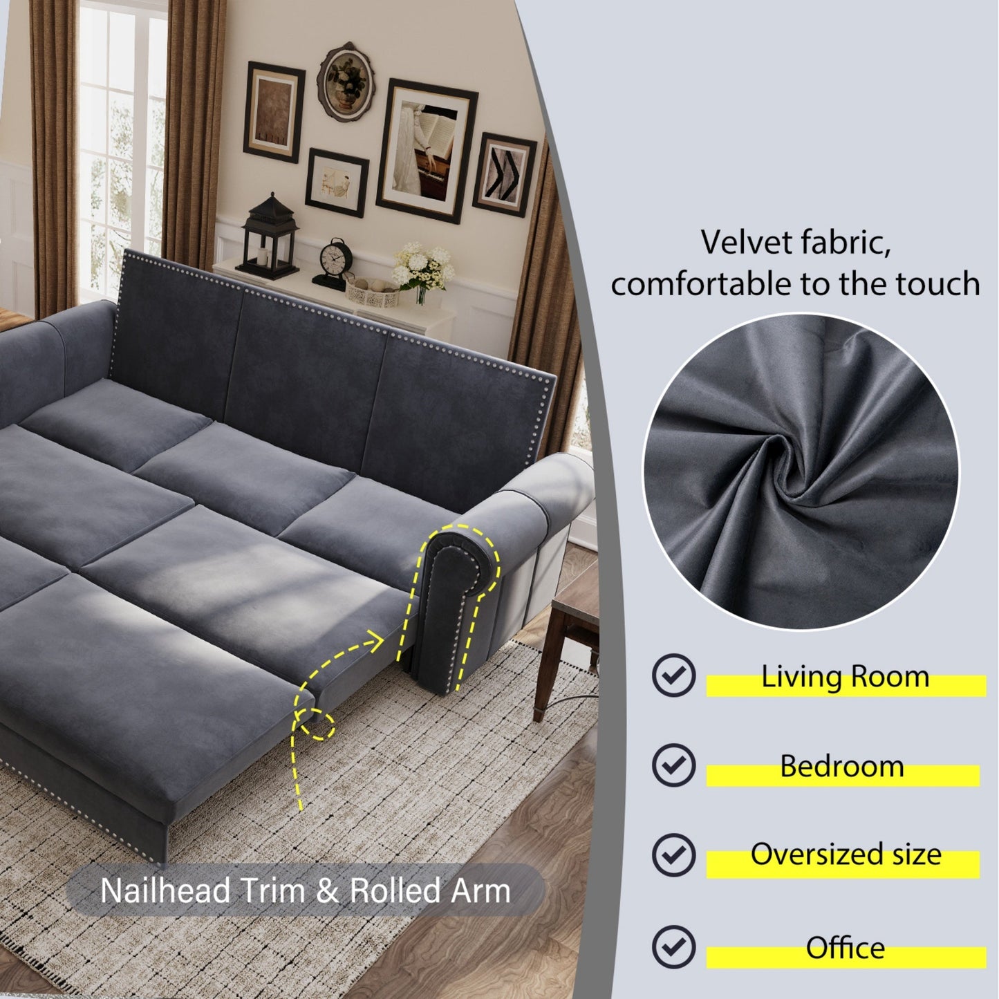 NEW 93.7' King Chesterfield Pull Out Couch Bed 3-in-1 Velvet Convertible Sleeper Sofa with Nailhead Trim & Rolled Arm