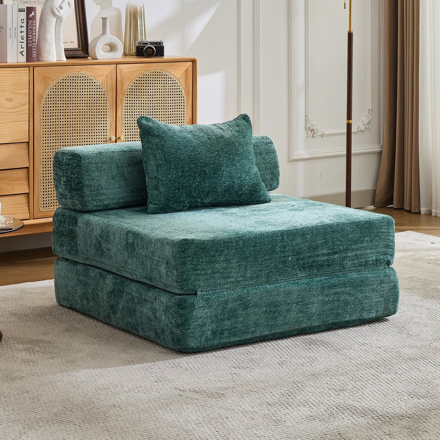 NEW Dark Green Chenille Fabric Compression Convertible Sofa Bed Single Seater Boneless Modular Sectional Sofa