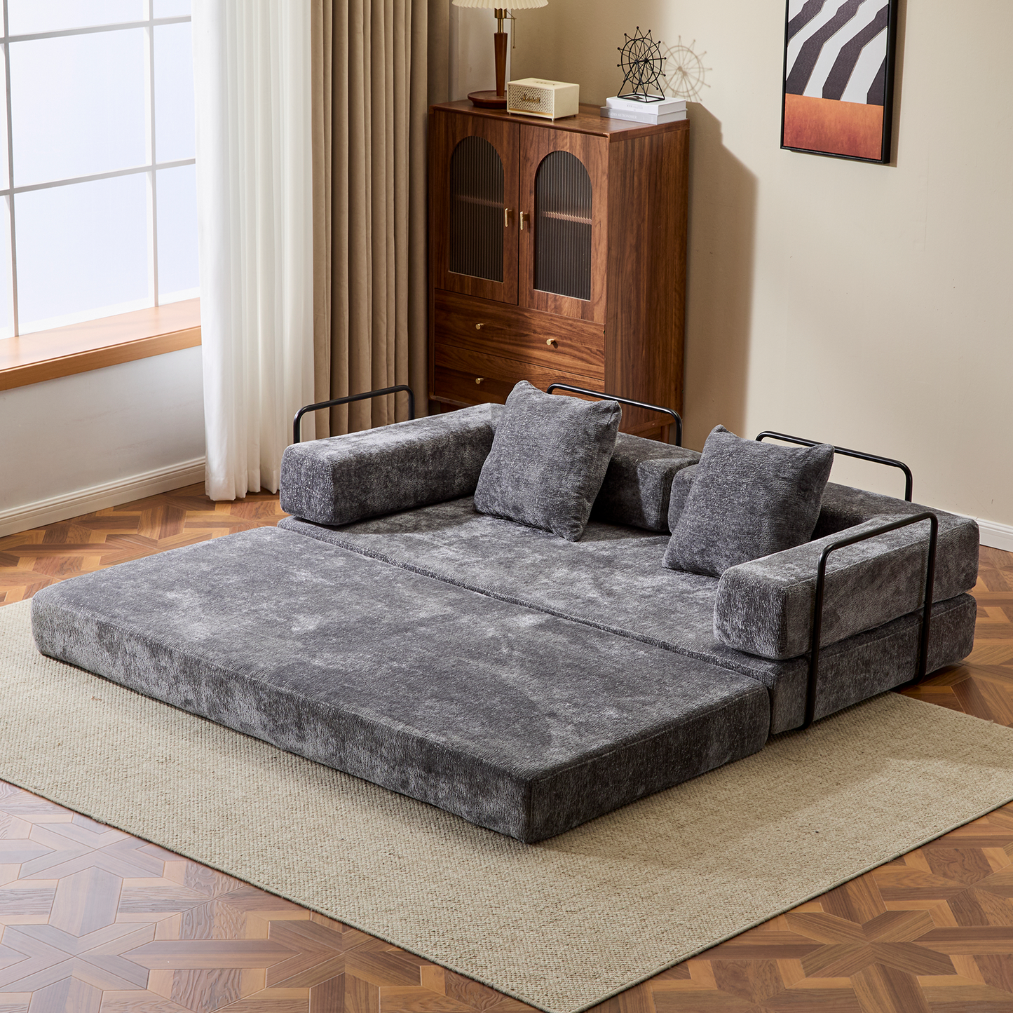 NEW Floor Couch,Compression Sofa,Convertible Floor Sofa Bed-with Pillow Back Support Armrest,Comfy Futon Couch Lounge Sleeper Bed,Chenile fabric,for Living Room Bedroom (DARK-GREY)