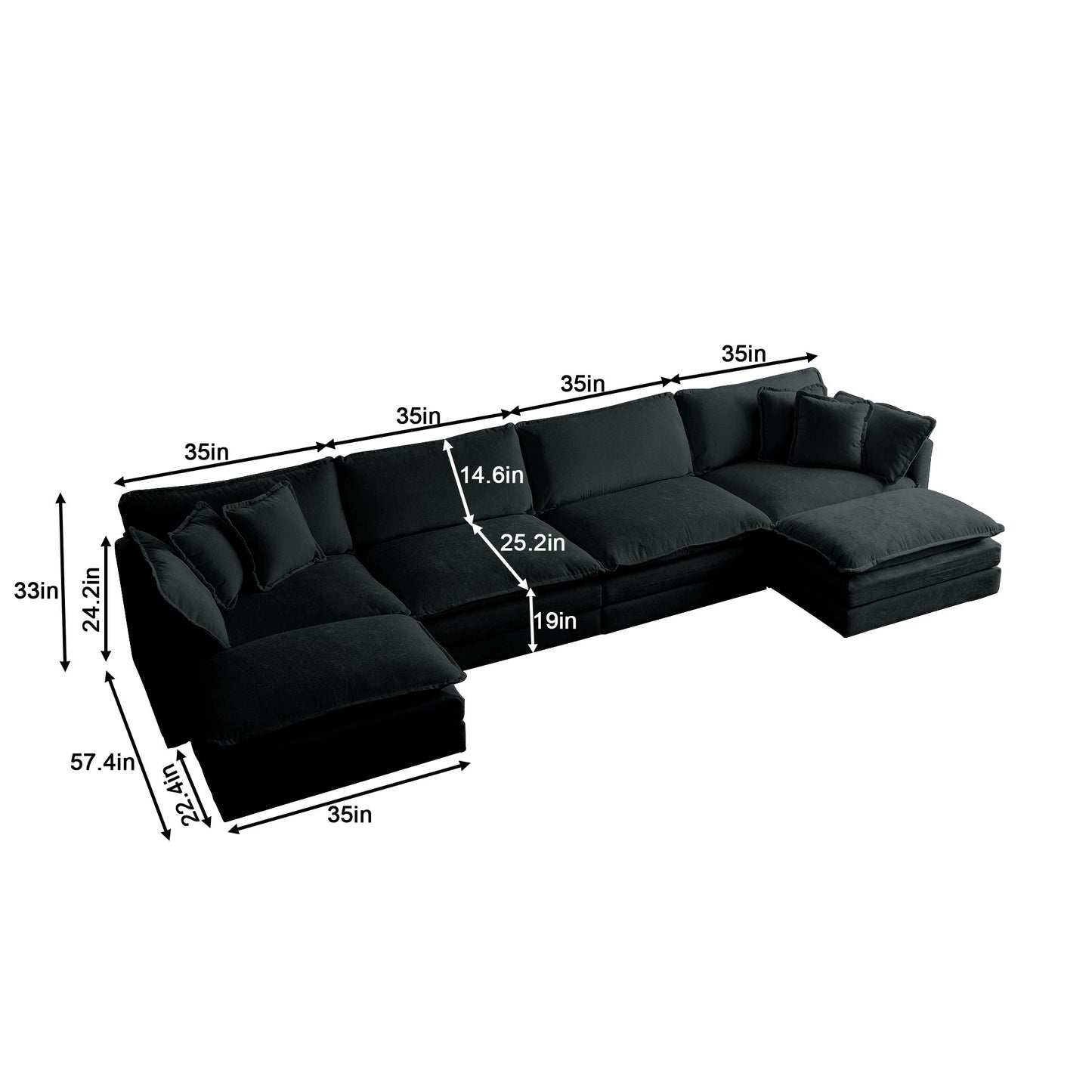 NEW Comfort U Shaped Couch with Reversible Chaise, Modular Large U-Shape Sectional Sofa, Double Extra Ottomans,Black Chenille