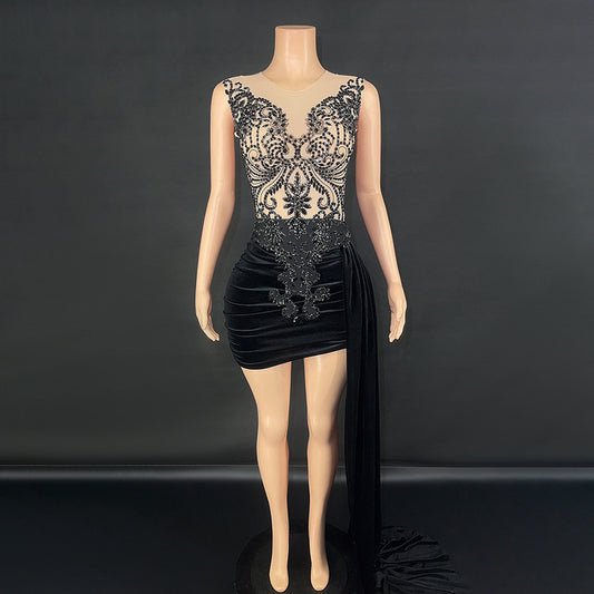 New Summer Luxury Evening Dress Female Singer Stage Costume Senior Dress Side Trailing Skirt
