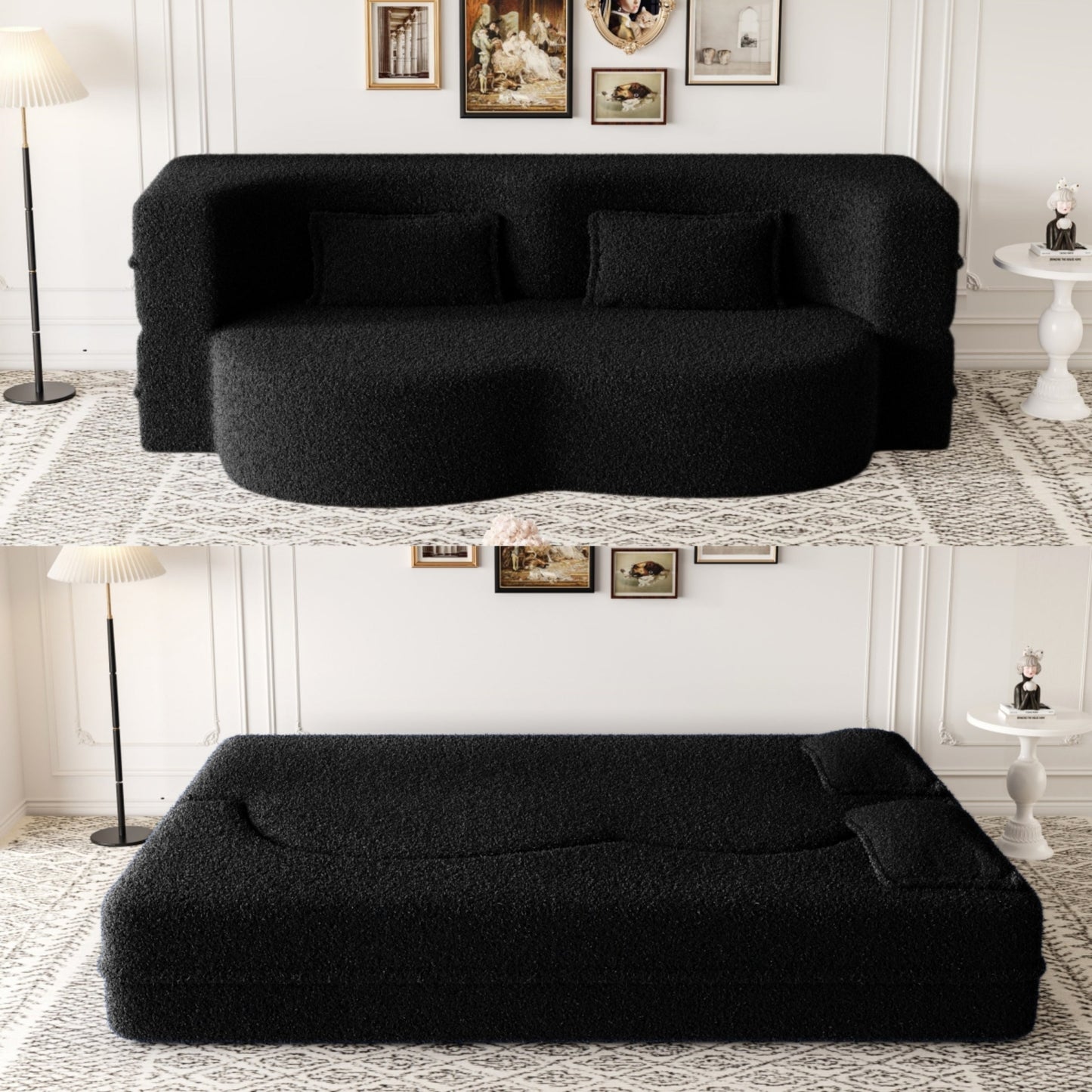 NEW Modern Floor Sofa with 2 Pillows,Convertible Teddy Fabric Foam Filled Sleeper Sofa Bed,15 ' Full Size Folding Mattress for Living Room,Guest Bed,Playroom,No Assembly Required,Black