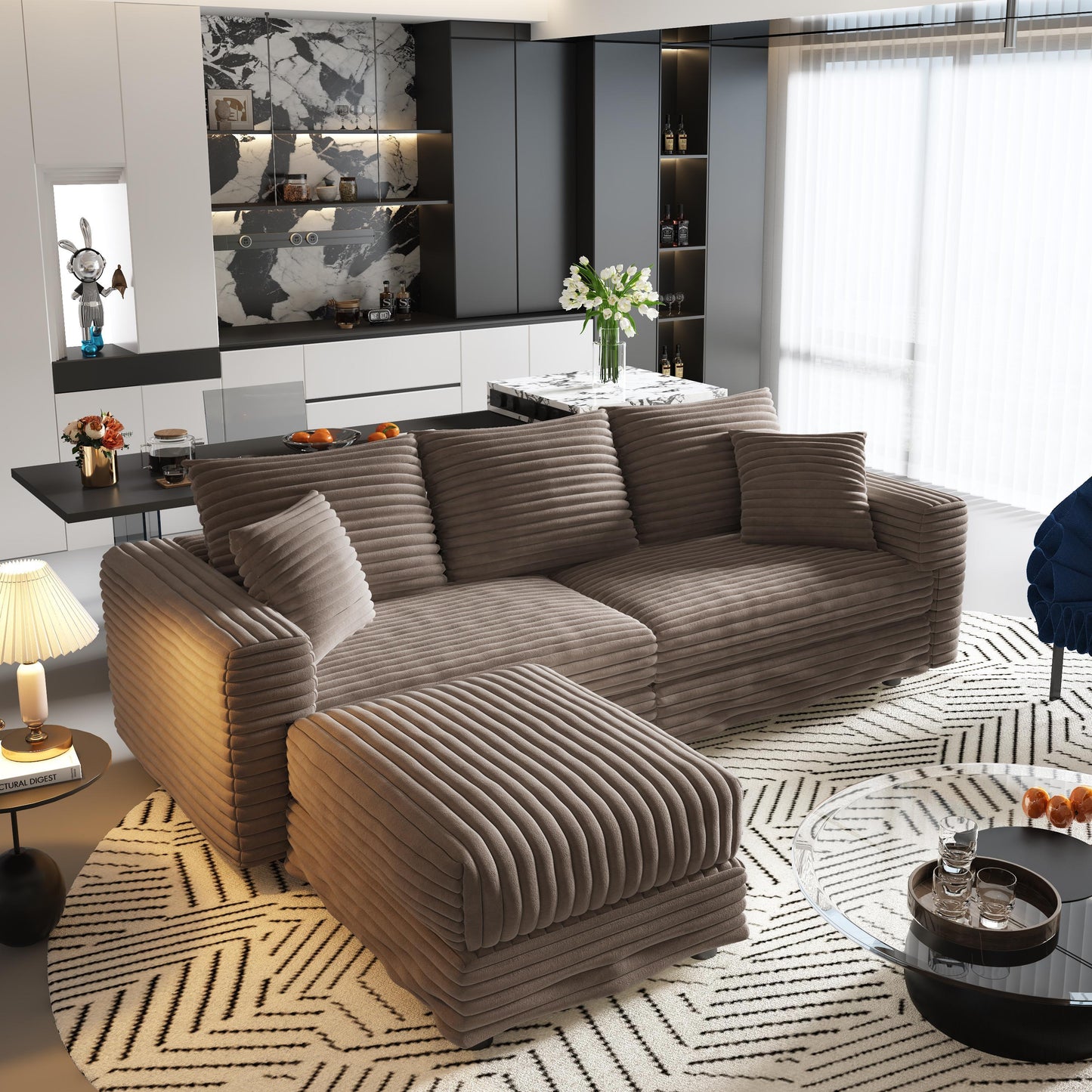 NEW 82.7' Modern Camel Plush Corduroy Comfy Upholstered 3-Seat Sofa Comfy Upholstered Cloud Deep Seat Couch with Soft Pillows and Ottoman