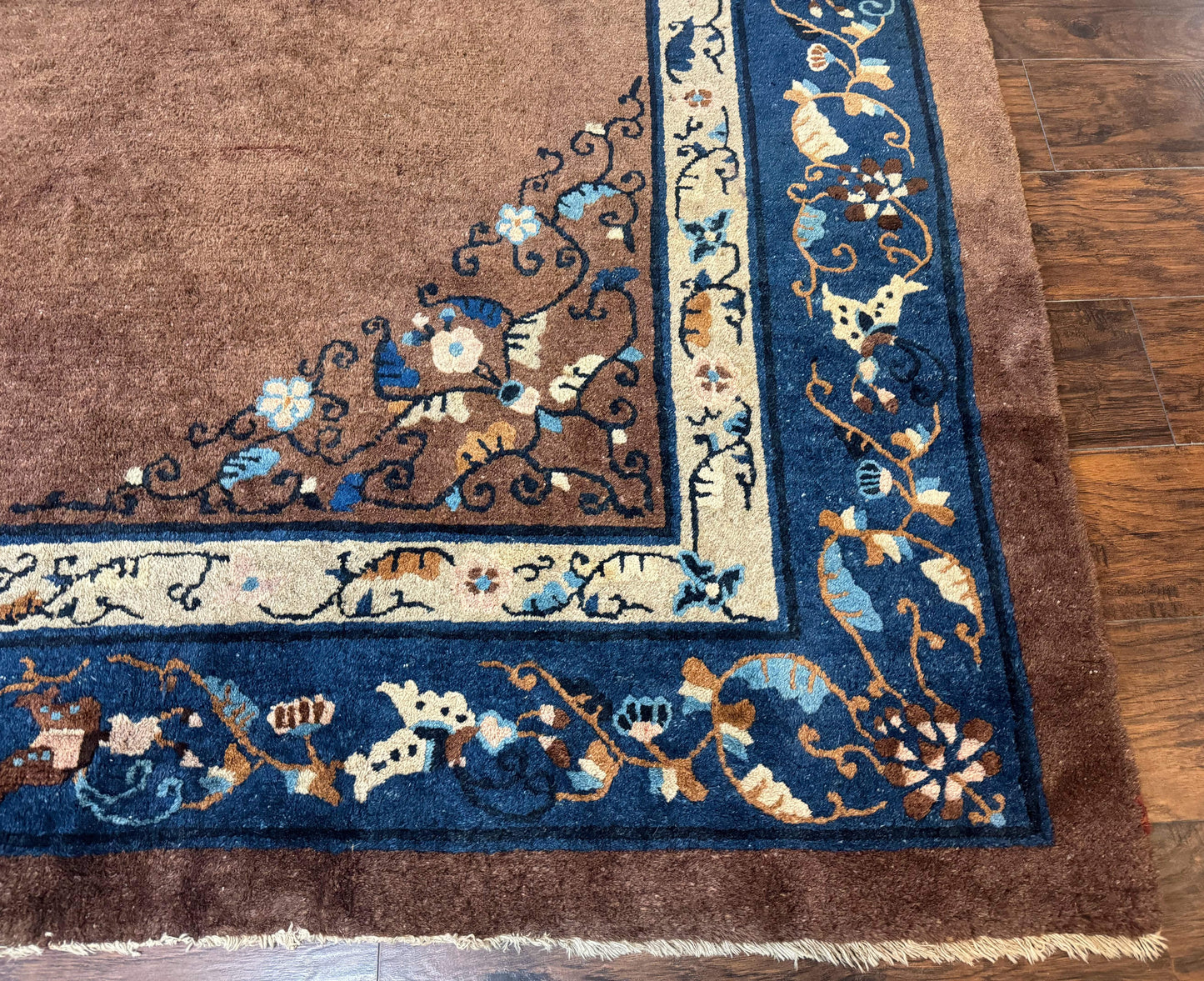 USED Antique Chinese Wool Rug 9x11, Large Chinese Art Deco Rug, Peking Rug, Brown and Blue, Open Field, Fete Rug
