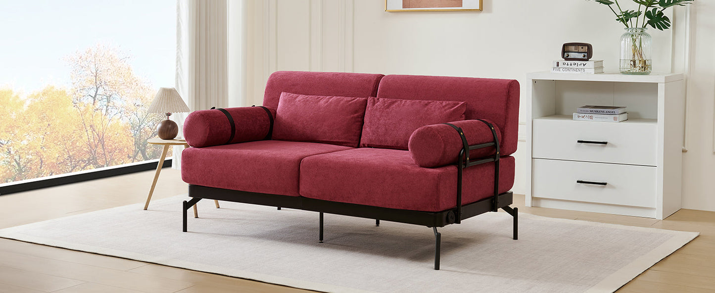 NEW Modern Red Chenille Loveseat 59' Sofa Couch 2-Seater with USB Ports Unique Cylindrical Armrests