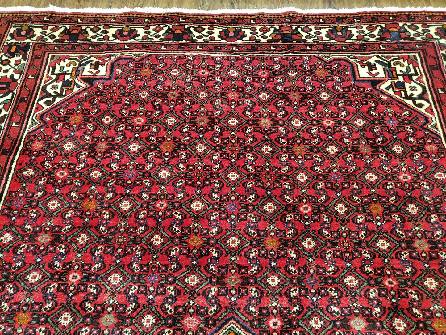 USED Vintage Persian Hamedan Rug 7x10, Angelas Mahi Pattern, Red, Wool, Hand-Knotted