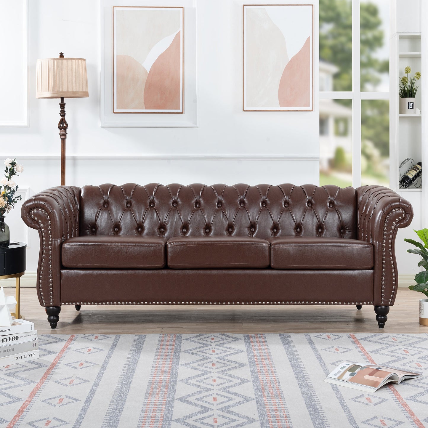NEW Dark Brown PU Rolled Arm Chesterfield Three Seater Sofa