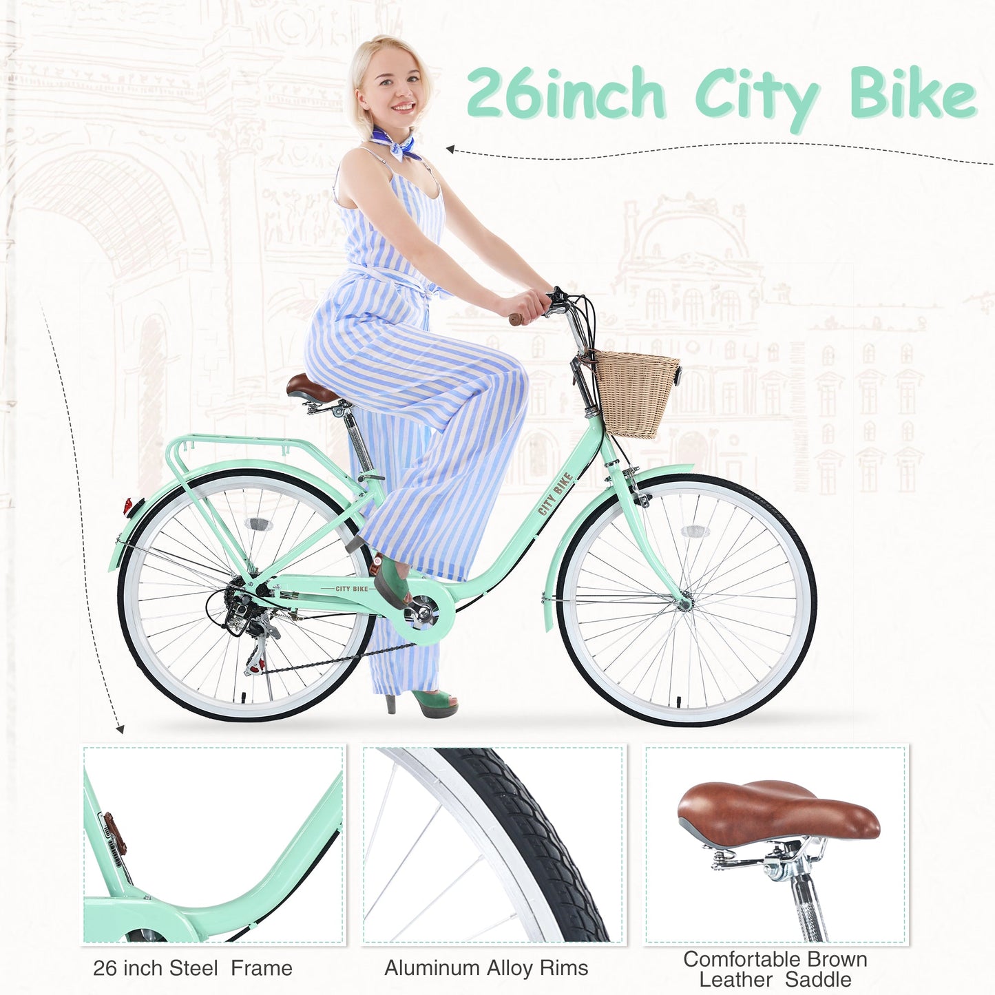 NEW 7 Speed City  Bike With  Basket , Steel Frame,Multiple Colors 26 Inch Girls Bicycle