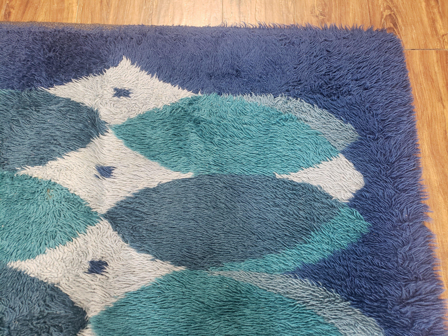 USED Blue Rya Rug, 1960s Mid-Century Modern Danish Shag Rug 4'6" x 6'7", Ege Rya, Abstract