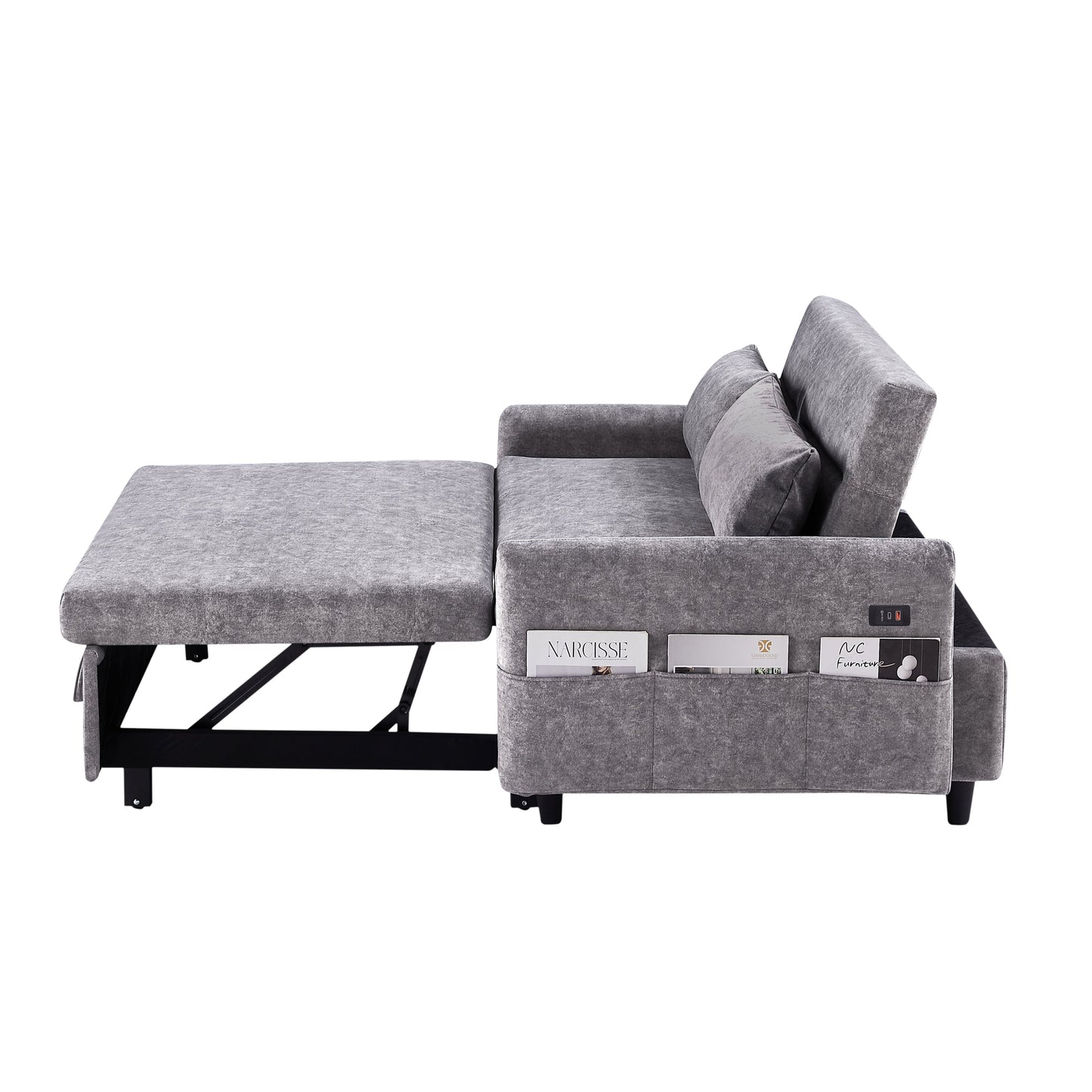 NEW Contemporary Grey Pull Out Sleep Sofa Bed Loveseat with Adjustable Backrest Storage Pockets USB Ports and 2 Soft Pillows