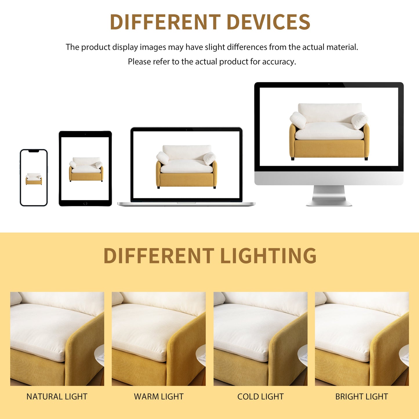 NEW Modern Oversized Chenille Armchair with Color Blocking and Pillows, 50*43' in Cream and Yellow