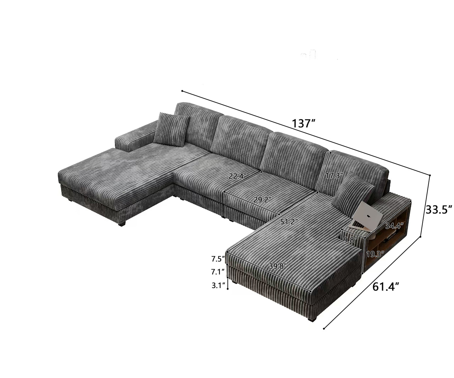 NEW Convertible U-shaped Combination Sofa, Corduroy Fabric, Modern Comfortable Large Size 4 Seat Sofa, Living Room Double Lounge Chair , Dark Grey