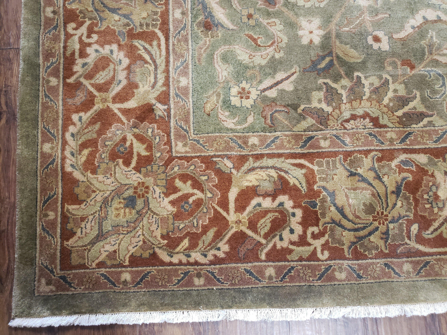 USED Vintage Indo Mahal Area Rug 9x12, Wool Hand-Knotted Laurel Green & Auburn Indian Carpet, 9 x 12 Floral Carpet, Living Room Rug