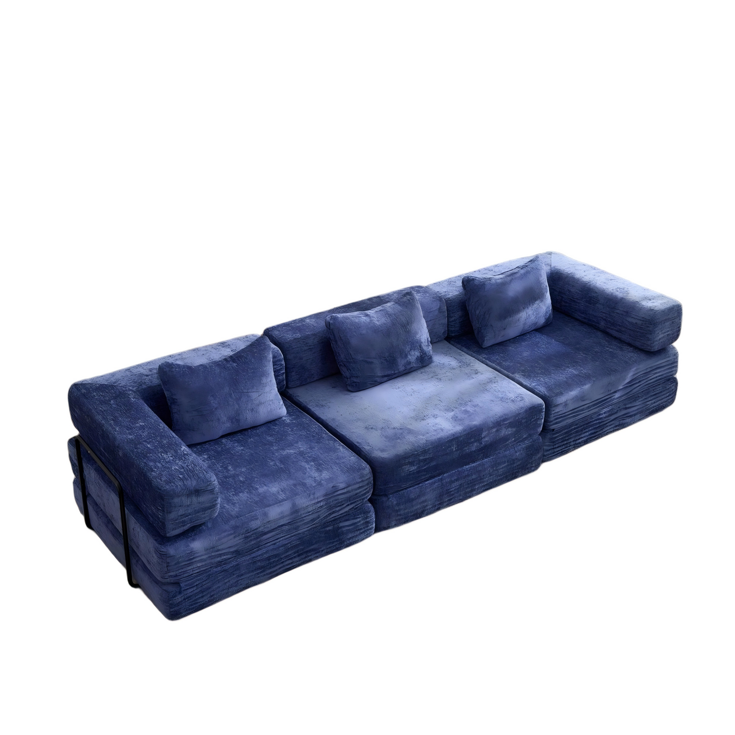 NEW Dark Blue Chenille Fabric Compression Convertible Floor Sofa Bed with Fixed-Shape Frame Boneless Modular Sectional Couch