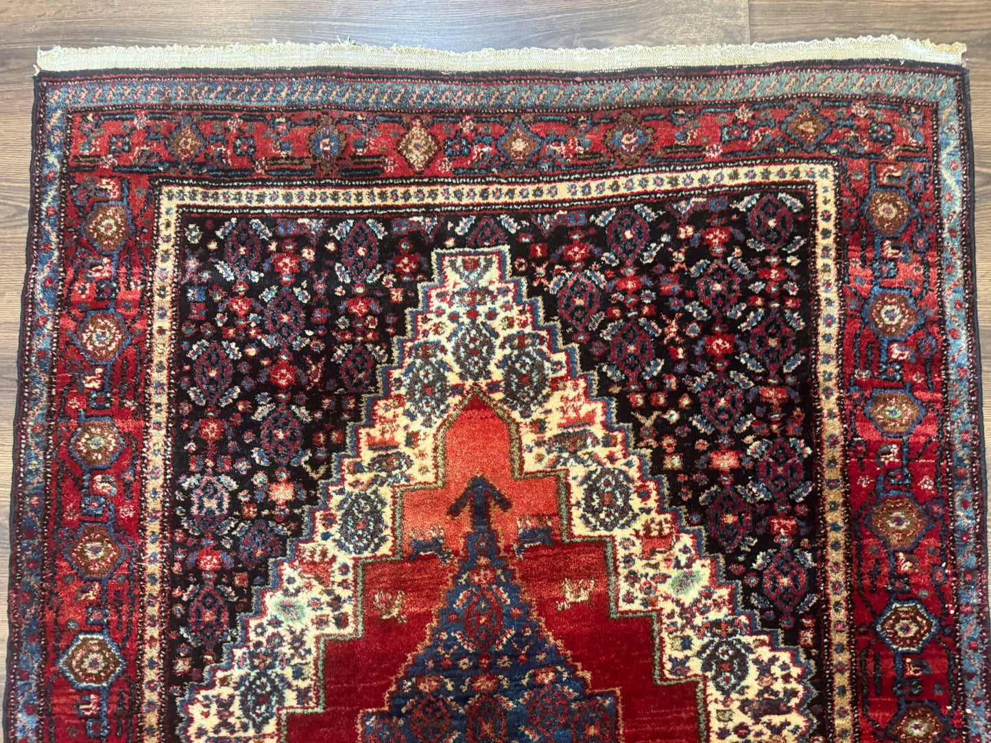 USED Antique Persian Kurdish Senneh Rug 4x5 Tribal Carpet Wool Geometric Medallion