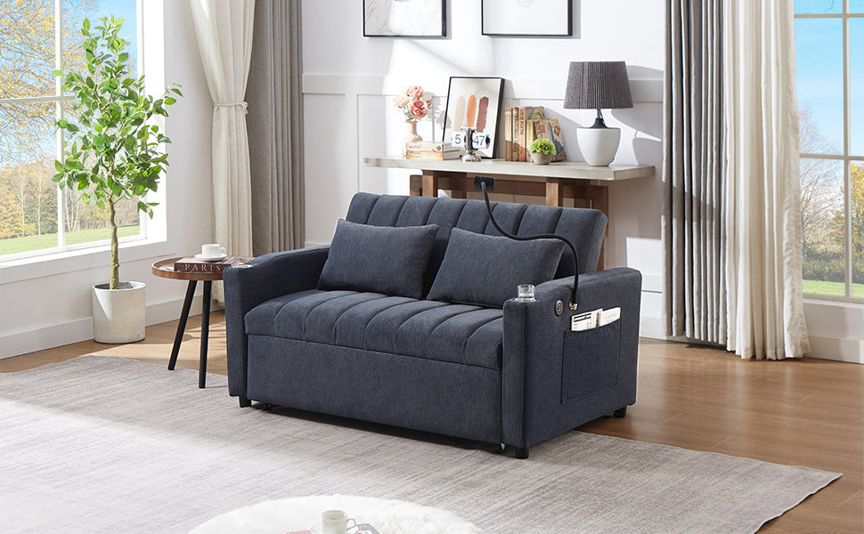 NEW Convertible Sofa Bed Loveseat with USB Ports, Side Pockets, Cup Holders, and Phone Holder in Blue Grey Bella Fabric, 55.9'