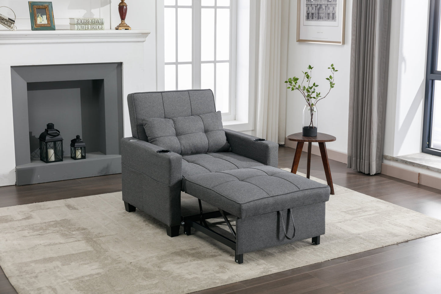 NEW Dark Grey Linen Futon Bed Convertible Chair 3-in-1 Pull Out Sleeper