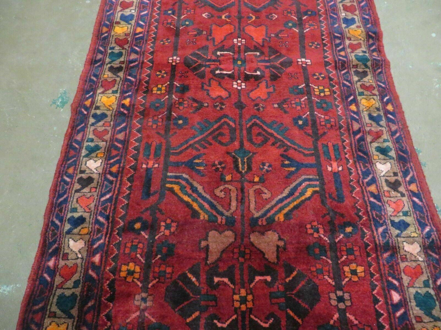 USED Antique Persian Hamadan Runner 3.4 x 9.7 -  Wool, Red and Navy Blue