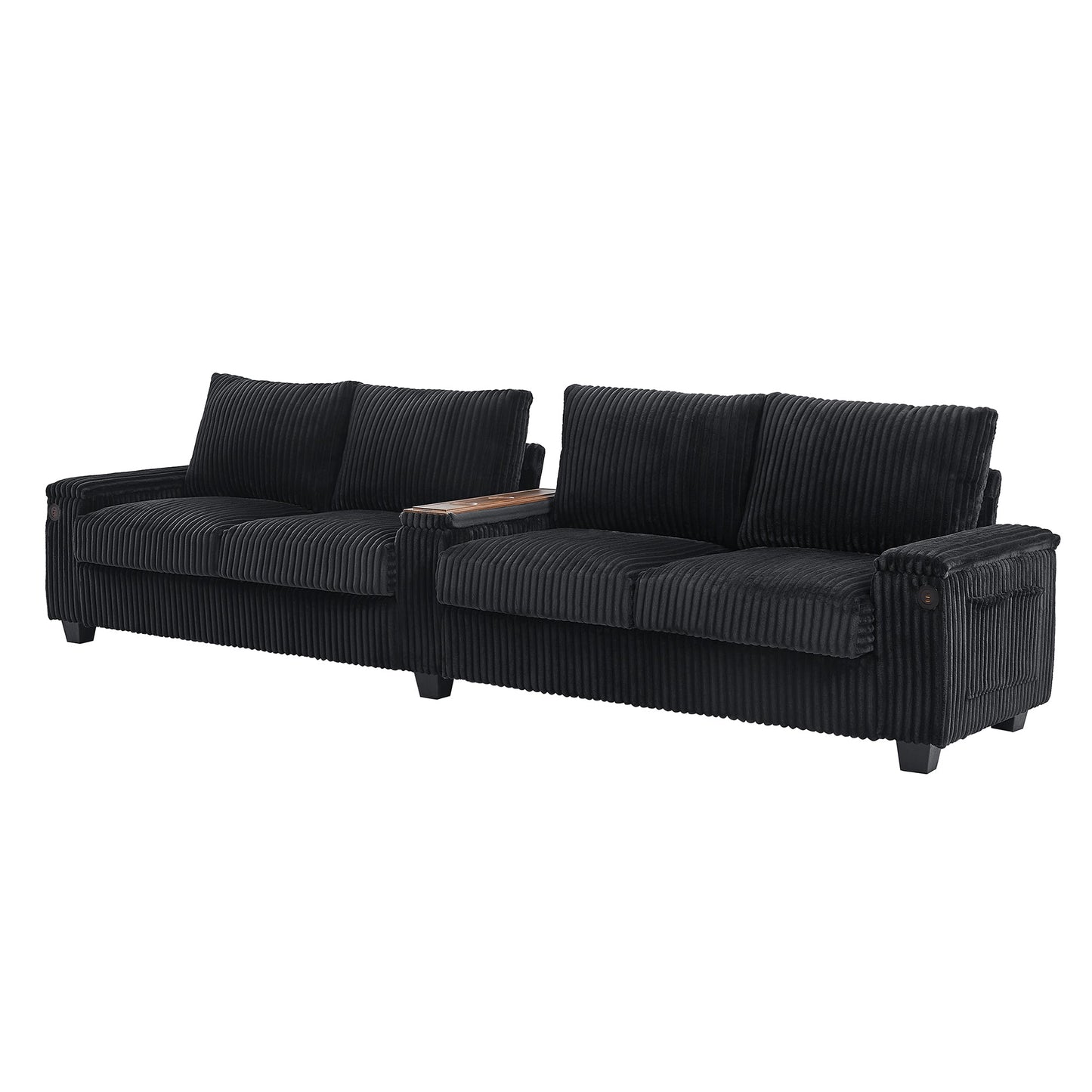 NEW Modern 4-Seater Black Corduroy Sofa Couch with USB Ports and Hidden Storage