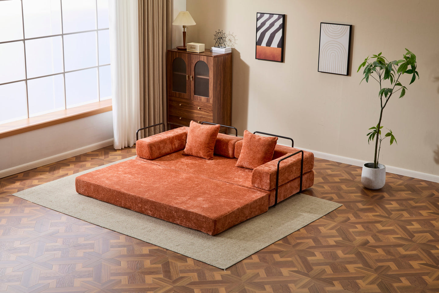 NEW Orange Chenille Fabric Comfy Futon Couch Lounge Sleeper Compression Convertible Floor Sofa Bed Couch with Pillow Back Support Armrest Bed