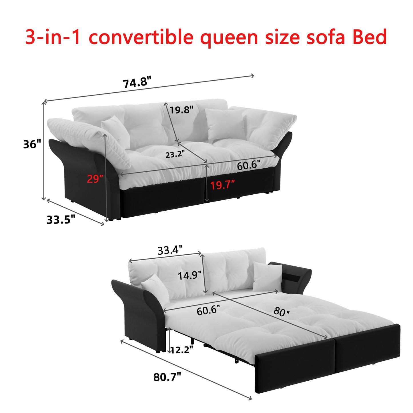 NEW Multi-Functional Loveseat 74.8' Queen Pull Out 3-in-1 Convertible Sleeper Tufted Sofa Bed with 2 Soft Pillows