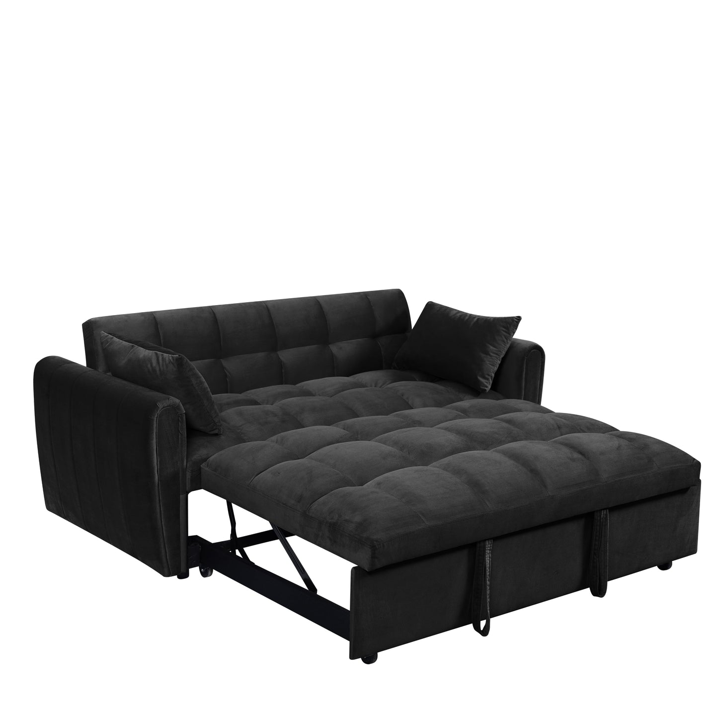 NEW 65 '3-in-1 foldable large size sofa bed, modern velvet double sofa, sofa bed with adjustable back, storage bag and pillow, suitable for living room, bedroom (biack)