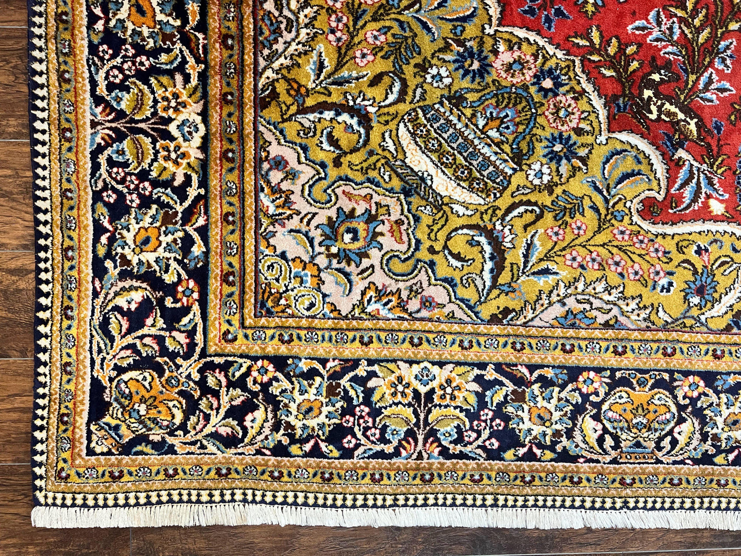 USED Wonderful Persian Qum Rug 10x14, Wool w/ Silk Highlights, Hand Knotted Semi Antique Vintage Carpet, Red, Floral, Fine Weave, Birds Deer Pictorials