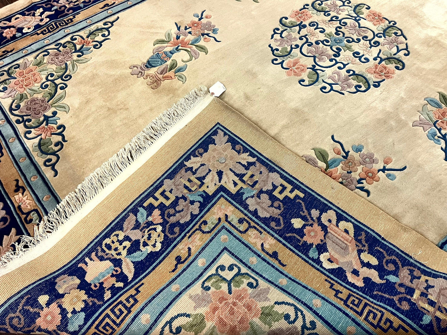 USED Chinese Wool Rug 8x11, Peking Asian Oriental Carpet, Cream/Ivory and Blue, Vintage Handmade Rug, Art Deco Rug