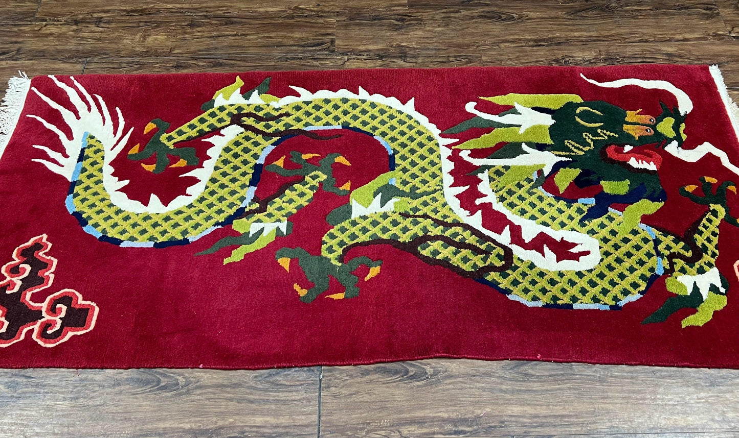 USED Vintage Chinese Dragon Rug 3 x 6.8, Handmade Hand Knotted Red Chinese Carpet with Gold Dragon, Art Deco Peking Soft Chinese Rug Runner